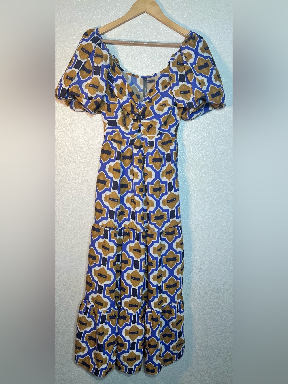 Anthropologie Patterned Cut Out Puff-Sleeve Maxi Dress in Mustard & Blue XSP - Picture 3 of 8